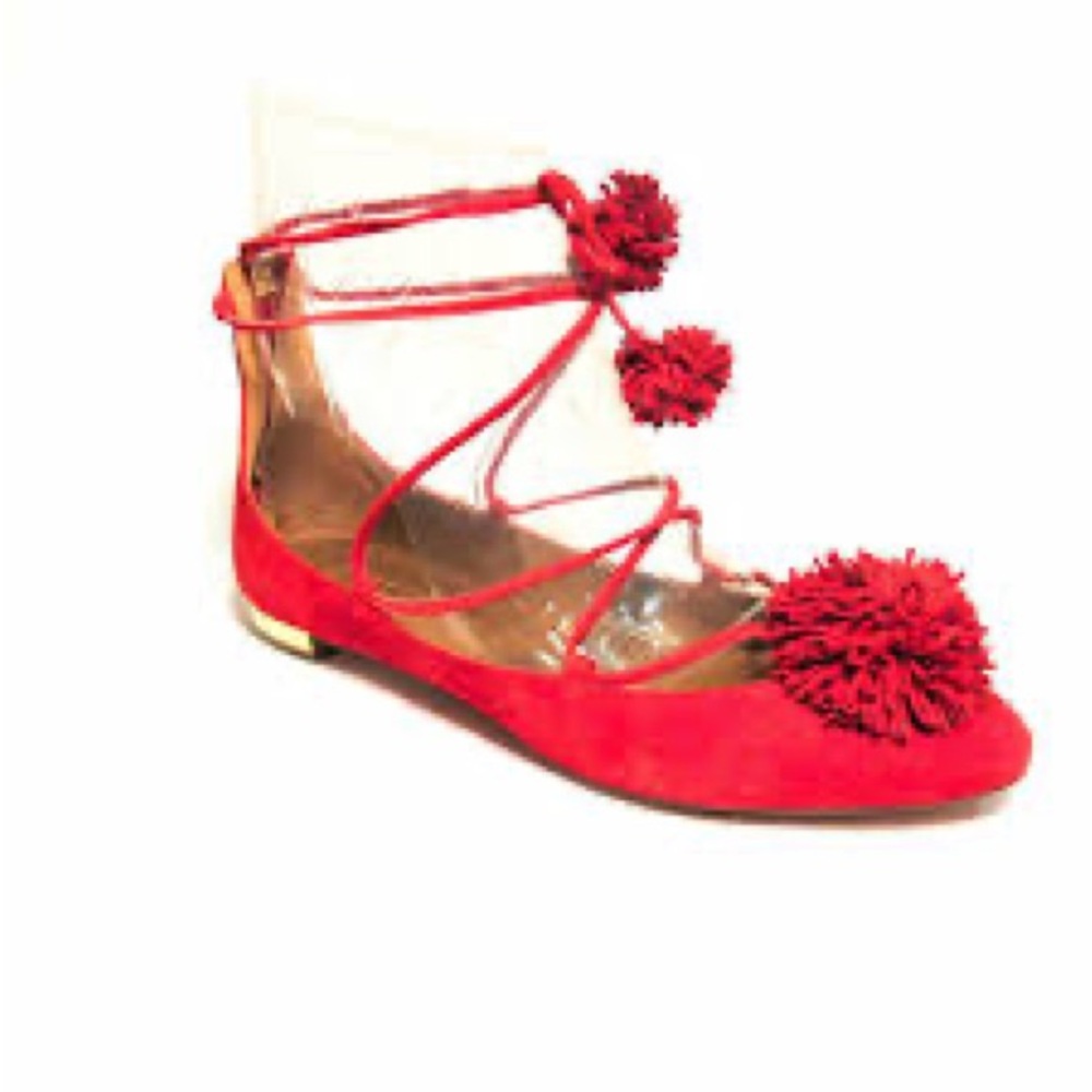 Aquazzura Red Pom-Pom Lace-Up Flats